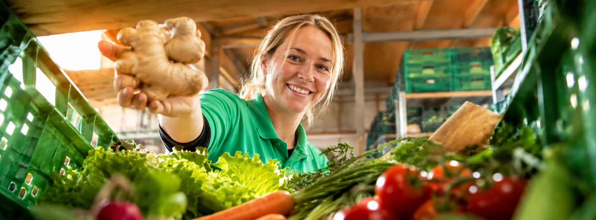 Mitarbeiterin der Hofkiste beim Packen frischer Bio-Lebensmittel auf dem Blumenhof