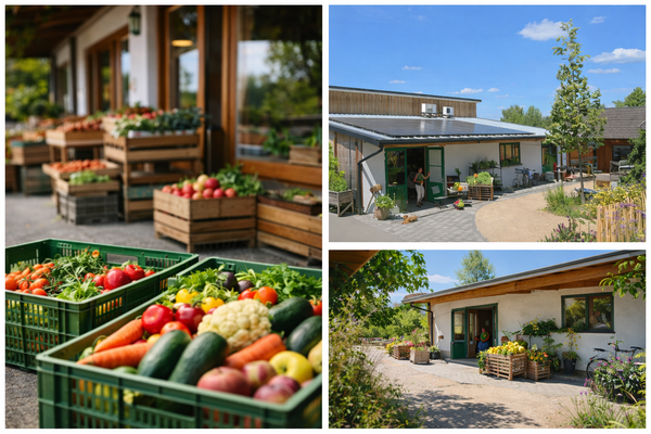 KI generiert: Obst- und Gemüsekisten stapeln sich draußen vor einem Gebäude unter blauem Himmel.