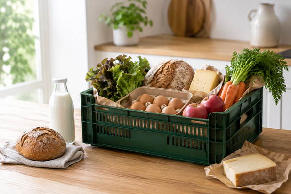 Frische Bio Lebensmittel wie Gemüse und Salat in einer Holzkiste für den Alltagseinkauf