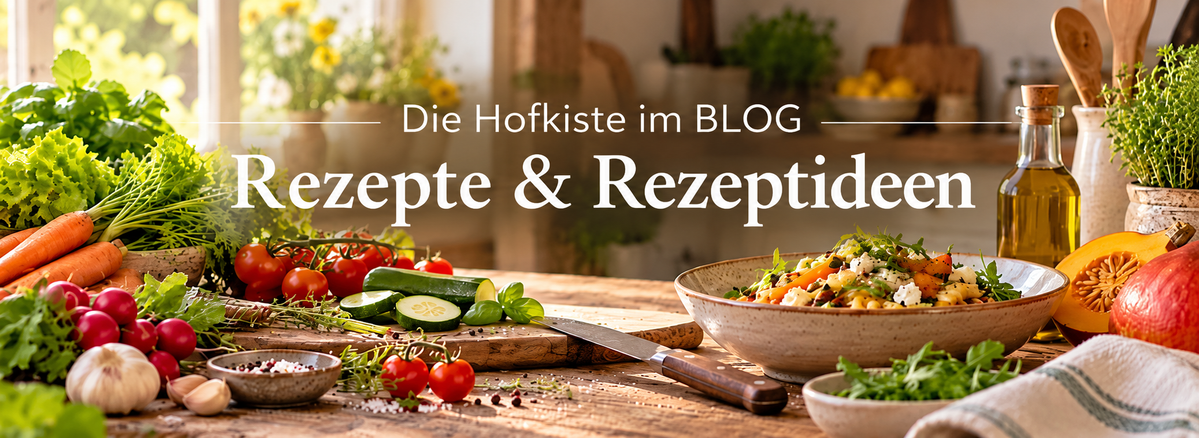 KI-generierte Beschreibung: Das Bild zeigt eine Auswahl an frischem Gemüse und Kräutern auf einem Holztisch. Text: "Die Hofkiste im BLOG Rezepte & Rezeptideen".