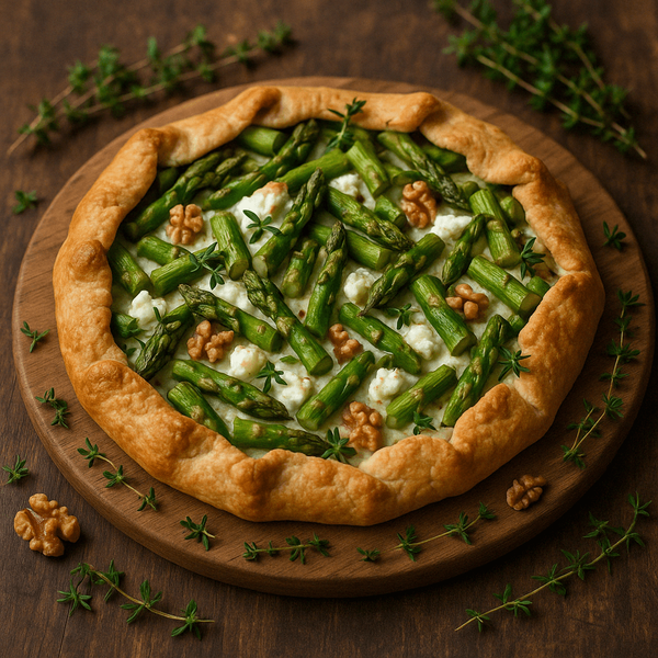 KI generiert: Herzhafte Tarte mit grünem Spargel, Walnüssen und Thymian auf einem Holzbrett präsentiert.