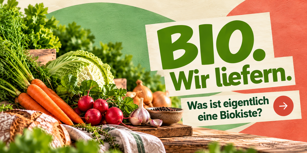 KI-generierte Beschreibung: Hauptinhalt: Bio-Lieferdienst. Text: "BIO. Wir liefern." und "Was ist eigentlich eine Biokiste?"