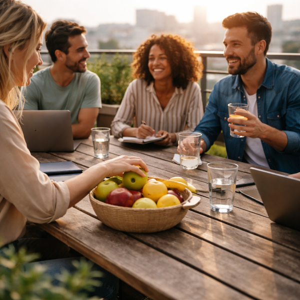 KI generiert: Vier Personen genießen gemeinsam Obst und Getränke.