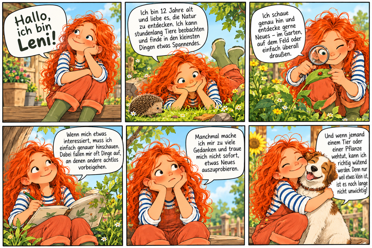 Leni, die naturverbundene Neugiernase, stellt sich in sechs Comicbildern vor. Sie beobachtet einen Igel und einen Marienkäfer, zeichnet Pflanzen, denkt nach und umarmt einen Hund.