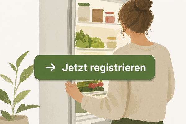 KI generiert: Eine Frau öffnet den Kühlschrank. Text: "Jetzt registrieren".