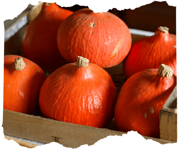 KI generiert: Eine Holzkiste voller roter Kürbisse.