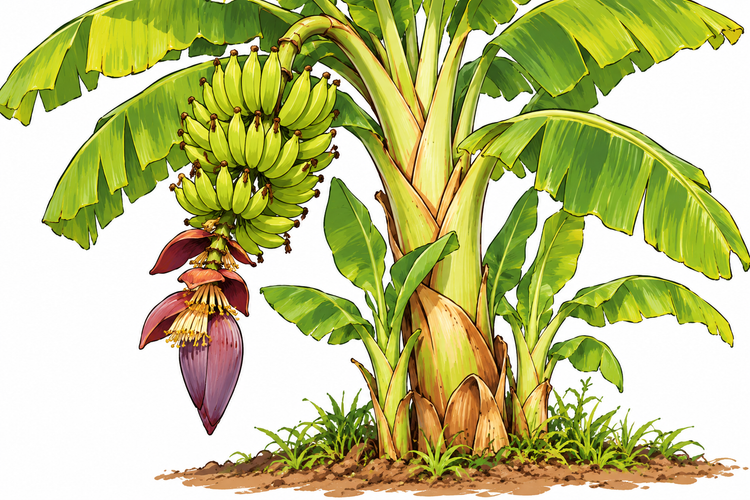 Illustration einer Bananenstaude mit großen grünen Blättern, einem Bündel grüner Bananen und einem herabhängenden lila Blütenstand.