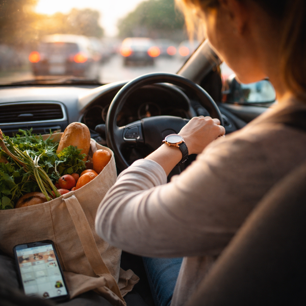KI generiert: Frau im Auto mit Einkaufstasche voller Gemüse und einem Smartphone auf dem Beifahrersitz.