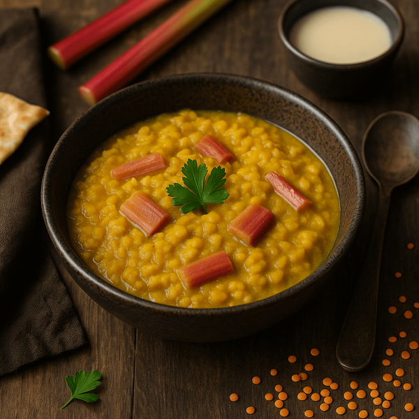 KI generiert: Ein Teller mit gelbem Linseneintopf, garniert mit Rhabarberstücken und einem Petersilienblatt.