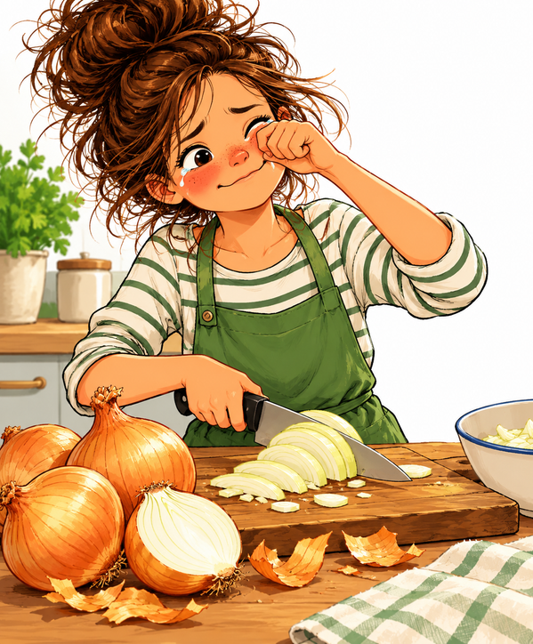 Comic-Illustration von Frida, die beim Zwiebelschneiden in der Küche weint und sich eine Träne aus dem Auge wischt. Vor ihr liegen Zwiebeln, Zwiebelschalen und ein Schneidebrett.