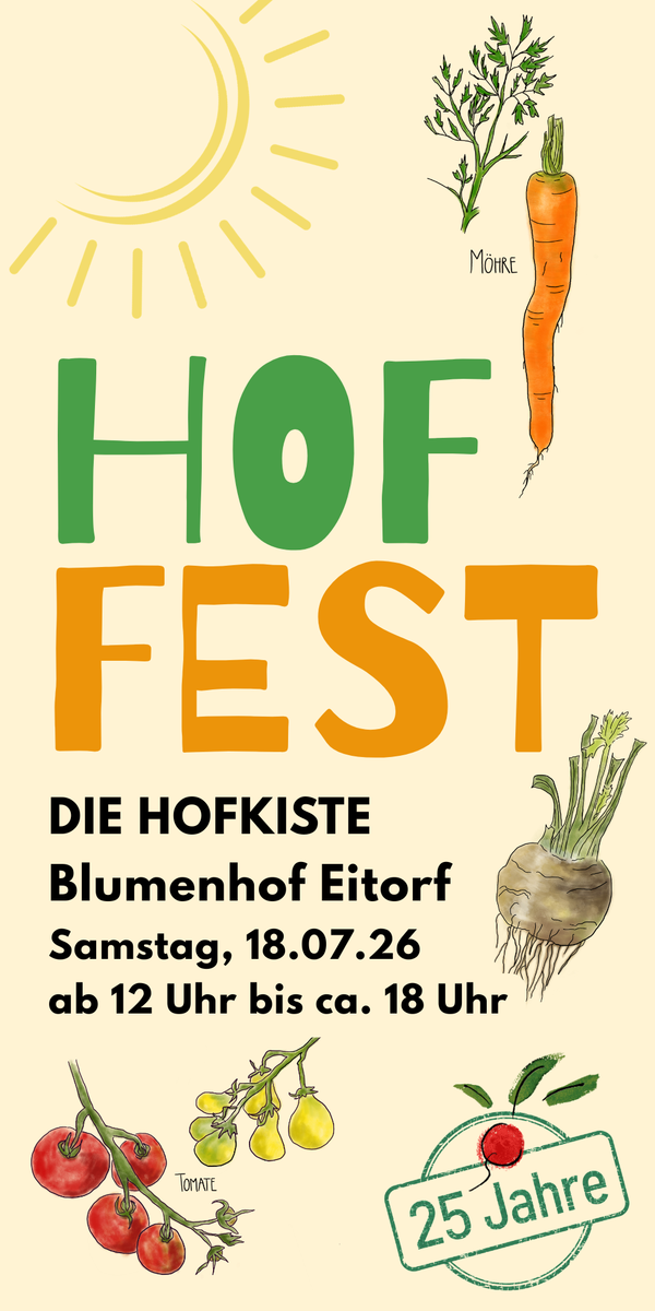 KI generiert: Ein Plakat für ein Hoffest mit Gemüse: „DIE HOFKISTE Blumenhof Eitorf Samstag, 18.07.26 ab 12 Uhr bis ca. 18 Uhr“.