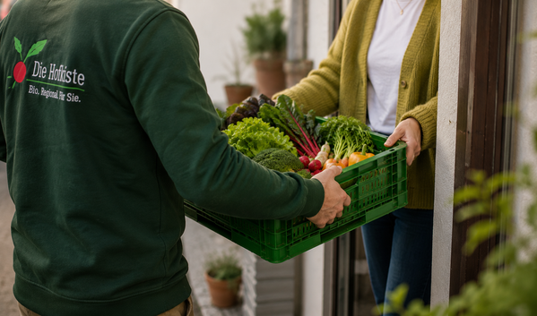 KI generiert: Ein Lieferant übergibt eine Kiste mit frischem Gemüse. Text: "Die Hofkiste Bio. Regional, für Sie."