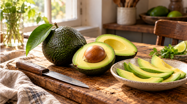 Aufgeschnittene Avocado mit Kern und Avocadospalten auf einem rustikalen Holztisch in einer hellen Küche.