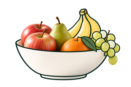 Grafische Darstellung einer Obstschale mit Äpfeln, Birne, Banane, Orange und Weintrauben.