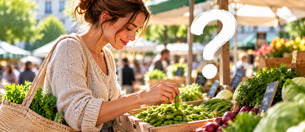 Junge Frau wählt frische Edamame an einem Marktstand aus. Ein großes weißes Fragezeichen steht neben ihr.