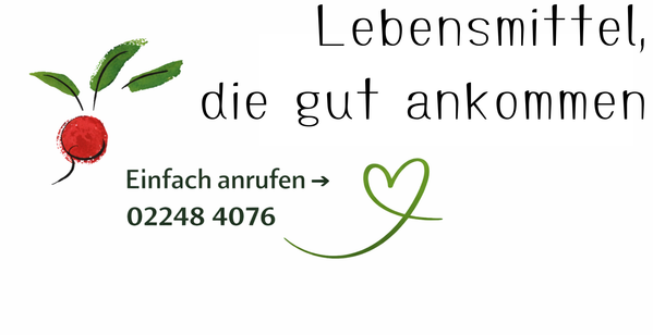 KI generiert: Illustration einer Kirsche mit Text: "Lebensmittel, die gut ankommen. Einfach anrufen → 02248 4076".