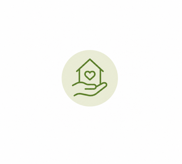 KI generiert: Ein grünes Icon: Hand hält ein Haus mit Herz.