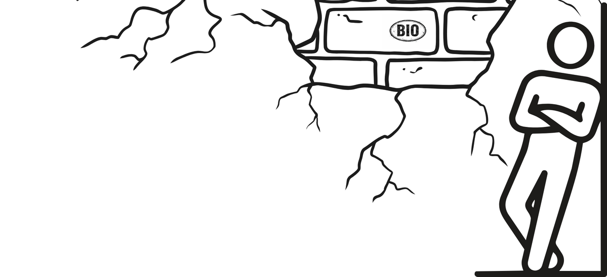 KI generiert: Eine Strichzeichnungsfigur steht an einer zerbrochenen Wand mit "BIO"-Ziegel.