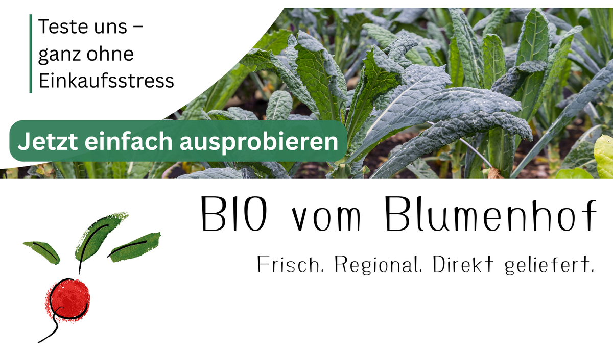 KI generiert: Grünes Gemüse mit Text: "Teste uns – ganz ohne Einkaufsstress. Jetzt einfach ausprobieren. BIO vom Blumenhof."
