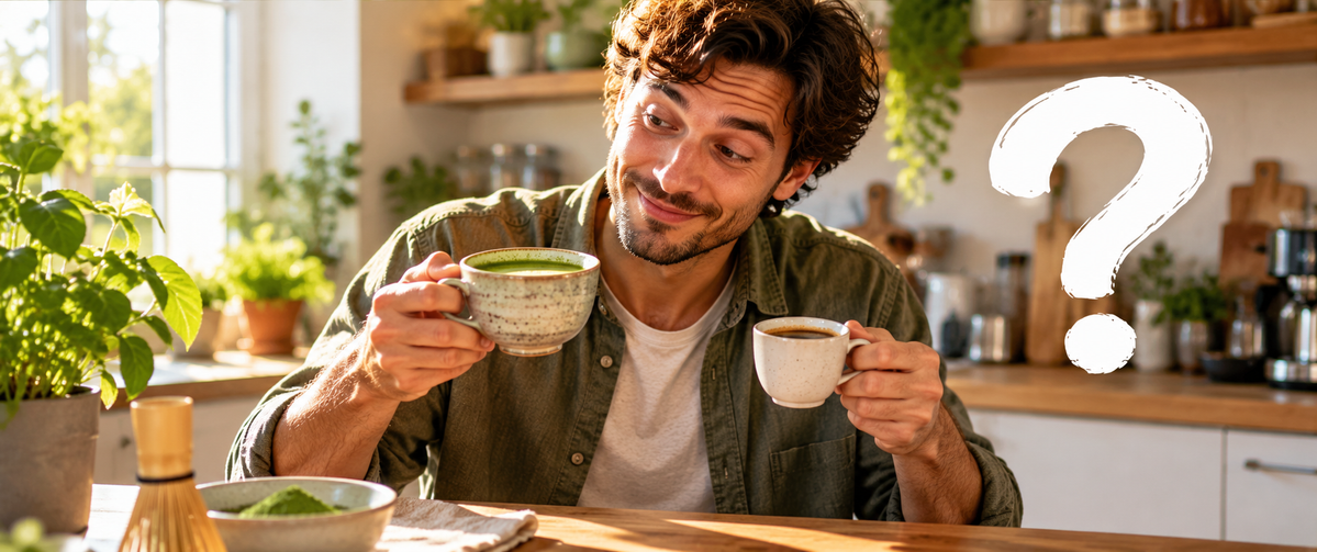 Junger Mann in heller Küche vergleicht lächelnd eine Tasse grünen Matcha mit Kaffee. Ein großes weißes Fragezeichen symbolisiert die Frage nach dem täglichen Matcha-Konsum.