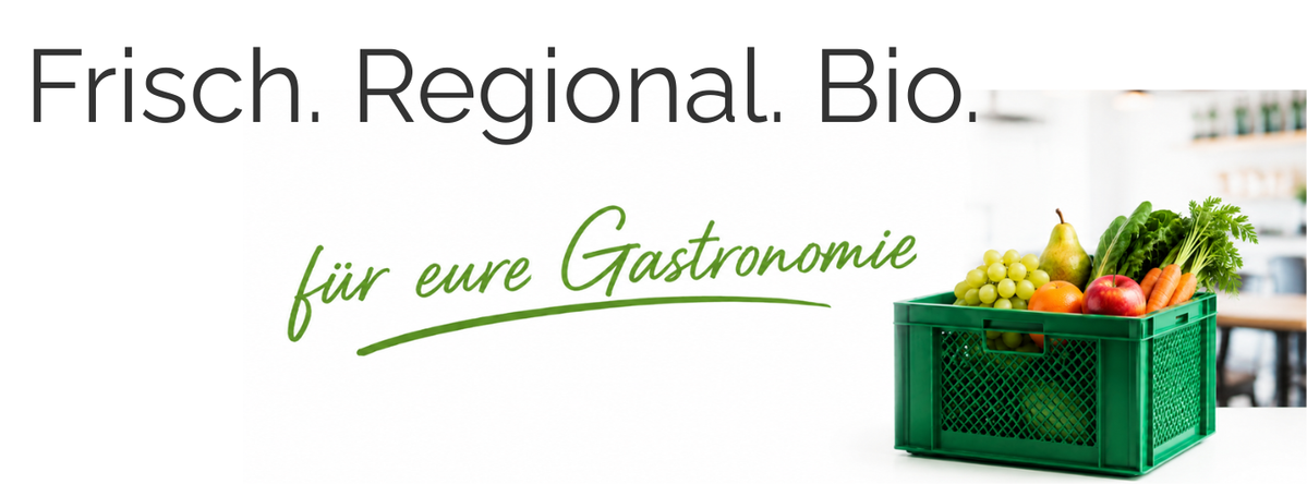 KI generiert: Grüne Kiste mit frischem Obst und Gemüse. Text: "Frisch. Regional. Bio. für eure Gastronomie".