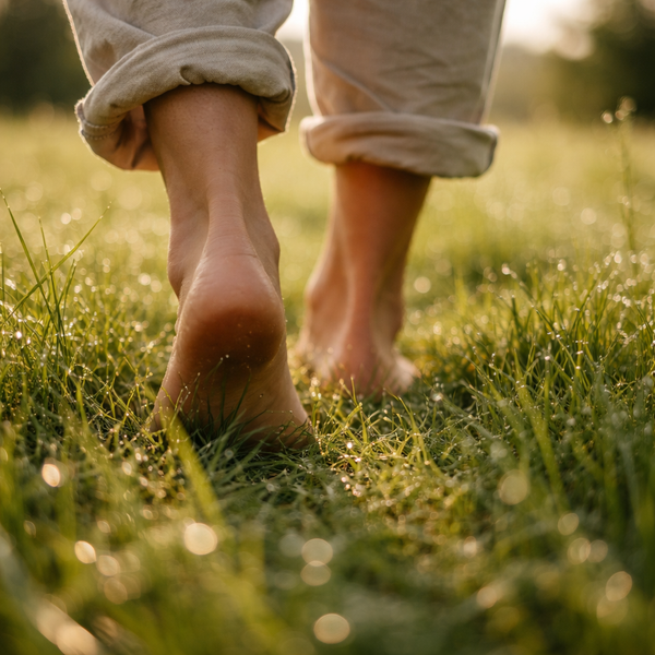KI generiert: Barfuß auf Gras gehende Person im morgendlichen Sonnenlicht.