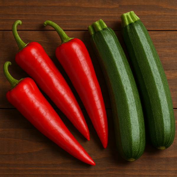 KI generiert: Rote Paprika und grüne Zucchini auf einem Holzuntergrund.