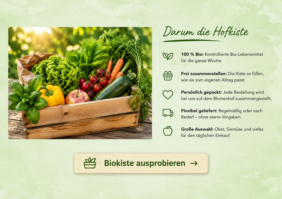 KI generiert: Holzkiste mit frischem Bio-Gemüse; Text über Vorteile der Hofkiste: individuell, flexibel, große Auswahl. "Biokiste ausprobieren" Button.