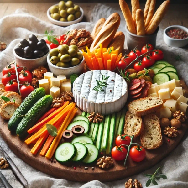 KI generiert: Das Bild zeigt eine reichhaltige Käseplatte mit einer Vielzahl von Beilagen wie Brot, Nüssen, Oliven, Gemüsesticks und Käsestücken, die dekorativ angeordnet sind. Im Zentrum der Platte befindet sich ein ganzer Weichkäse mit frischen Kräutern.