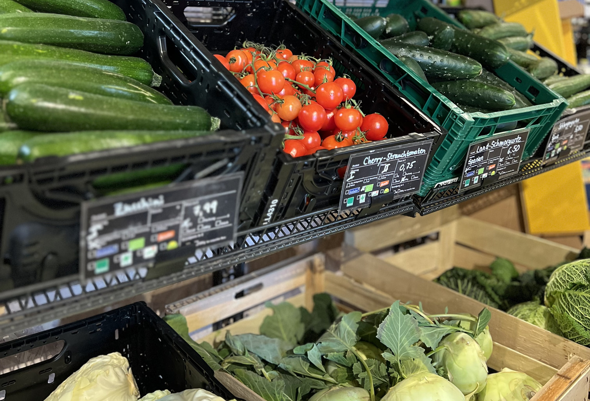KI generiert: Frisches Gemüse in Körben: Zucchini, Cherry-Tomaten, Gurken, Kohlrabi. Text: "Zucchini 3,44 €/kg", "Cherry-Strauchtomaten 4,75 €/kg".