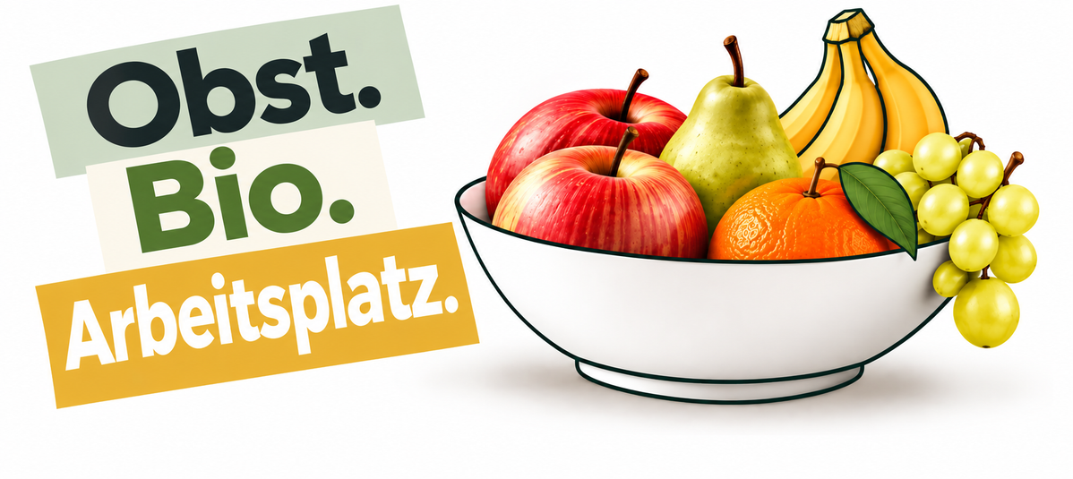 KI generiert: Das Bild zeigt eine Schüssel mit Bio-Obst und den Text "Obst. Bio. Arbeitsplatz."