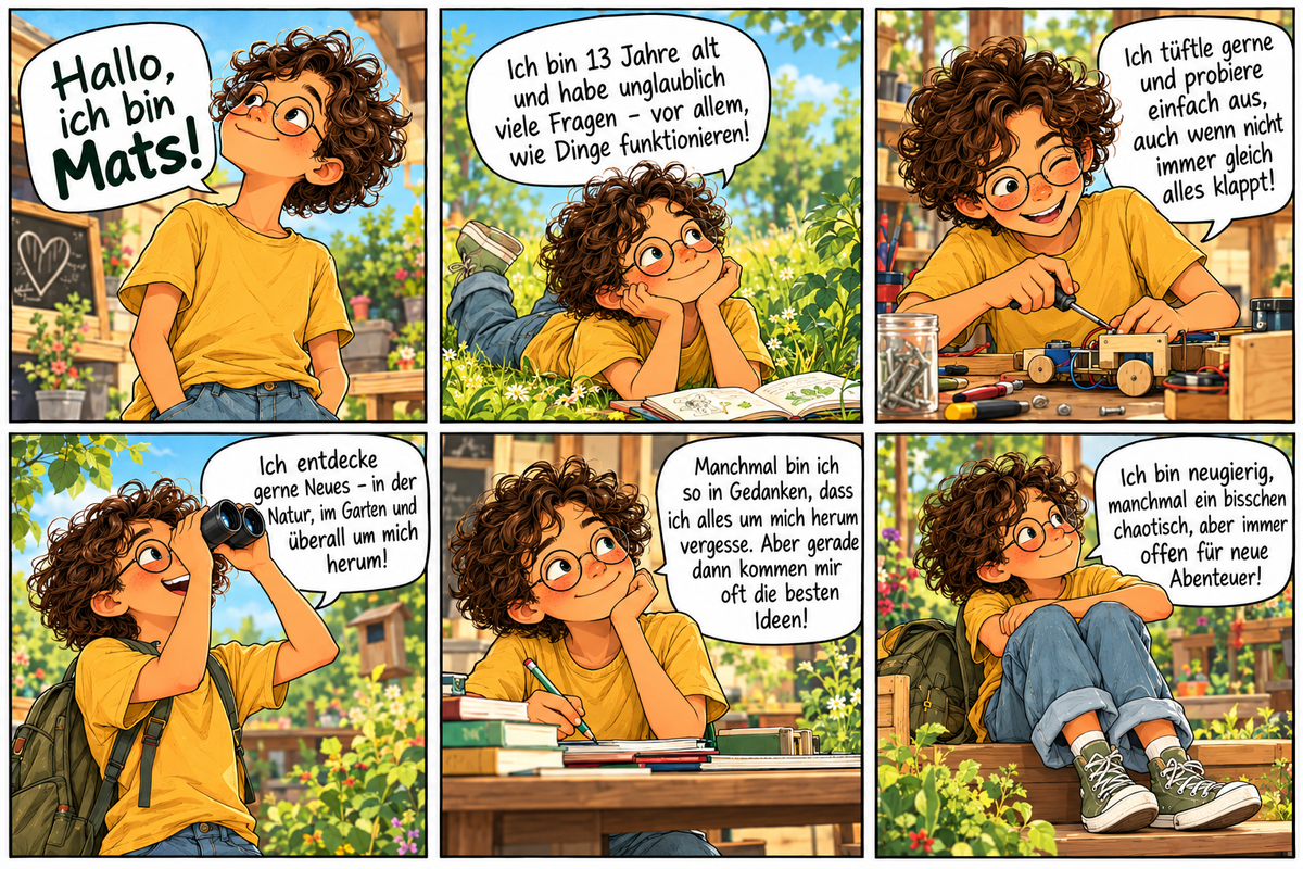 Sechsteiliger Vorstellungscomic von Mats, 13 Jahre, mit dunklen Locken, runder Brille und senfgelbem T-Shirt. In verschiedenen Szenen zeigt er seine Begeisterung fürs Tüfteln, Experimentieren und Entdecken. Dabei erzählt er von seiner Neugier, seinen vielen Ideen und seiner manchmal chaotischen Art.