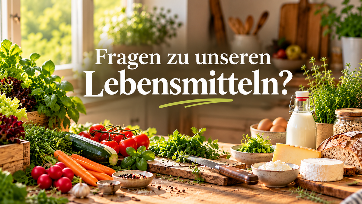 KI-generierte Beschreibung: Das Bild zeigt eine Auswahl an frischem Gemüse und Kräutern auf einem Holztisch. Text: "Fragen zu unseren Lebensmitteln?"