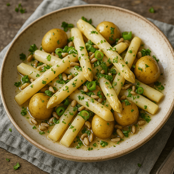 KI generiert: Ein Teller mit gekochtem weißen Spargel, kleinen Kartoffeln, Frühlingszwiebeln, Pinienkernen und Petersilie.