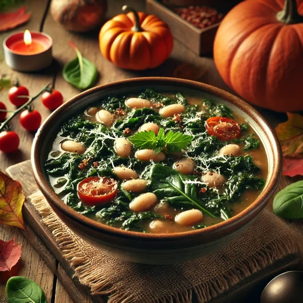 KI generiert: Das Bild zeigt eine herbstliche Suppe mit Grünkohl, weißen Bohnen und Tomaten in einem stimmungsvoll dekorierten Setting mit Kürbissen und Kerzen. Der Fokus liegt auf der Schüssel mit den saisonalen Zutaten.