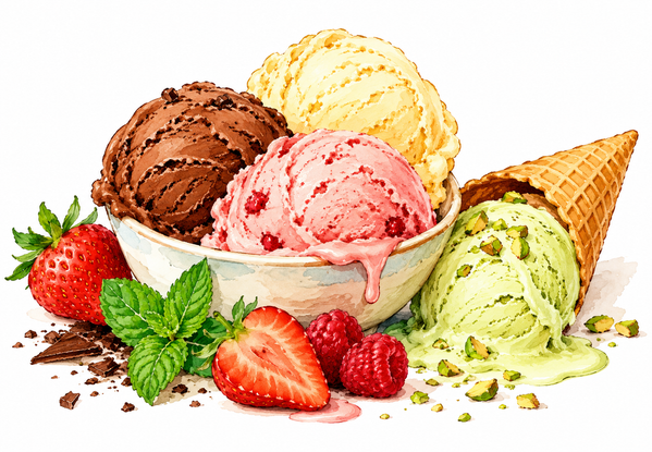 Farbenfrohe Illustration verschiedener Eiskugeln in einer Schale und Waffel, umgeben von Erdbeeren, Himbeeren, Minze und Schokoladenstückchen.