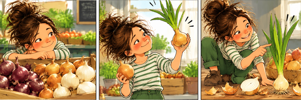 Dreiteiliger Comic mit Frida, die verschiedenfarbige Zwiebeln entdeckt, eine Zwiebel mit grünen Trieben untersucht und staunend beobachtet, wie aus einer Zwiebel neue Blätter wachsen.