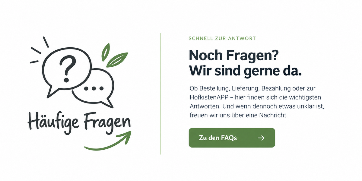 KI generiert: FAQ-Bereich einer Ökokisten-Webseite. Text: "Noch Fragen? Wir sind gerne da."