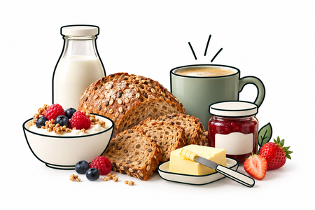 Grafische Darstellung verschiedener Bio-Lebensmittel mit Brot, Milch, Butter, Joghurt und Beeren.
