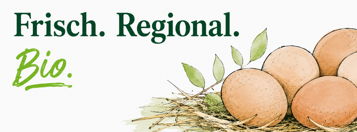 Illustration regionaler Bio-Eier vom Biohof Solbach für Olpe und das Sauerland mit dem Schriftzug Frisch. Regional. Bio.