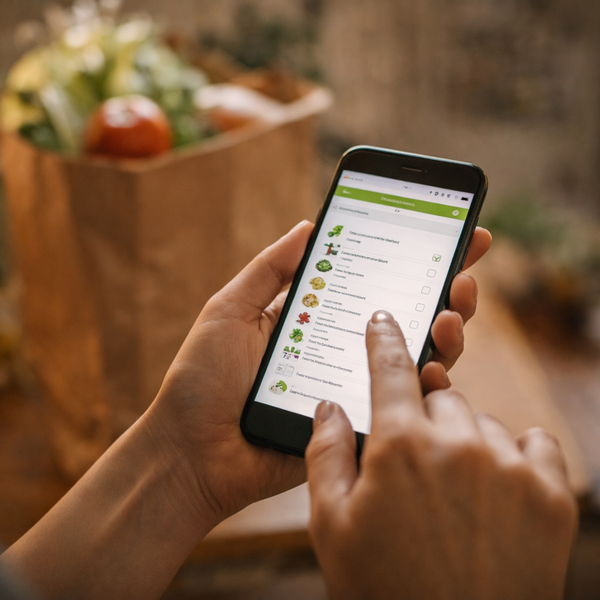 KI generiert: Eine Hand hält ein Smartphone mit einer Einkaufsliste-App, im Hintergrund eine Papiertüte mit Gemüse.