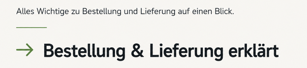 KI generiert: Text über Bestellung und Lieferung: "Alles Wichtige zu Bestellung und Lieferung auf einen Blick. → Bestellung & Lieferung erklärt"