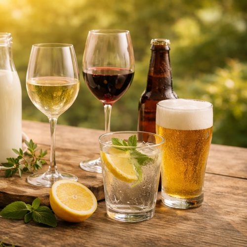 KI generiert: Verschiedene Getränke auf einem Tisch: Weißwein, Rotwein, Bier, Milchflasche, Limonade mit Zitrone und Minze.