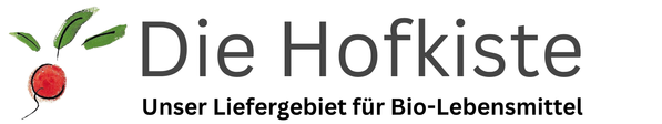 KI generiert: Ein Logo mit einem Gemüsemotiv. Text: "Die Hofkiste - Unser Liefergebiet für Bio-Lebensmittel".