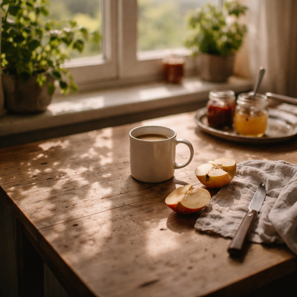 KI generiert: Ein Tisch mit einer Tasse Kaffee, aufgeschnittenem Apfel und Kräutern am Fenster im Sonnenlicht.
