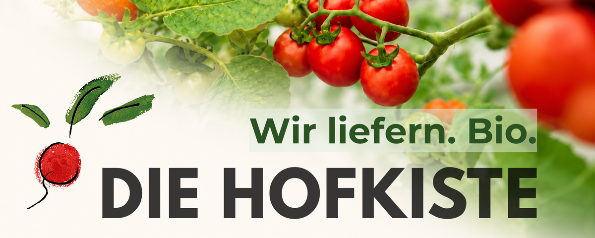 KI generiert: Tomaten an der Pflanze, Text: "Wir liefern. Bio. DIE HOFKISTE".