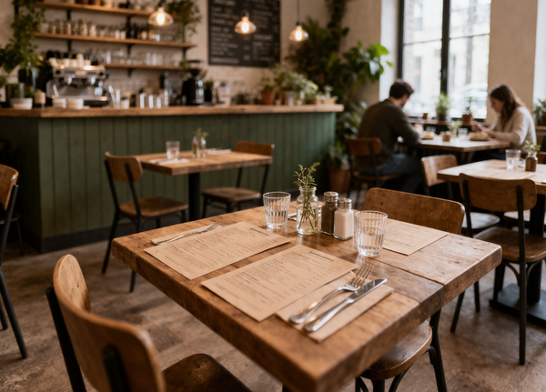 KI generiert: Gemütliches Café mit Holztischen, Menüs und Gästen im Hintergrund.
