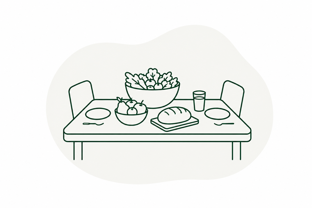 KI generiert: Zeichnung eines gedeckten Tisches mit Salat, Brot, Obst und Getränk.