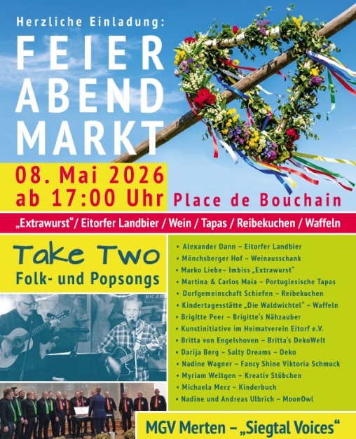 KI generiert: Einladungsplakat für den Feierabendmarkt am 8. Mai 2026 mit Musik von "Take Two" und Angeboten.