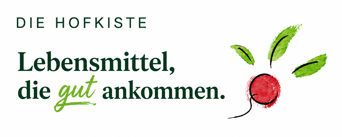 KI generiert: Slogan "DIE HOFKISTE: Lebensmittel, die gut ankommen." mit einem stilisierten Radieschen.
